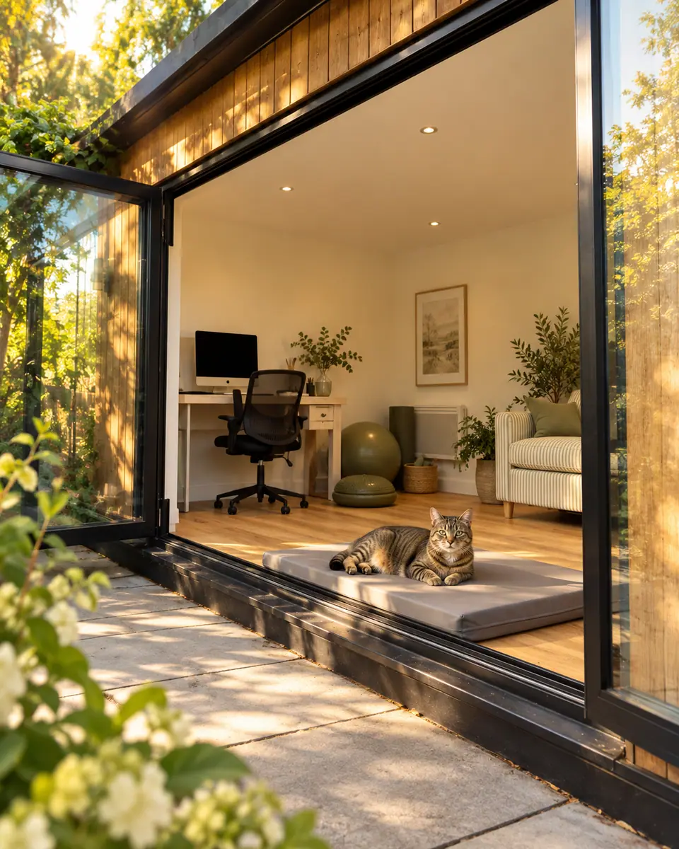 A tabby cat relaxing on the treatment mat inside the garden-room clinic (illustrative)
