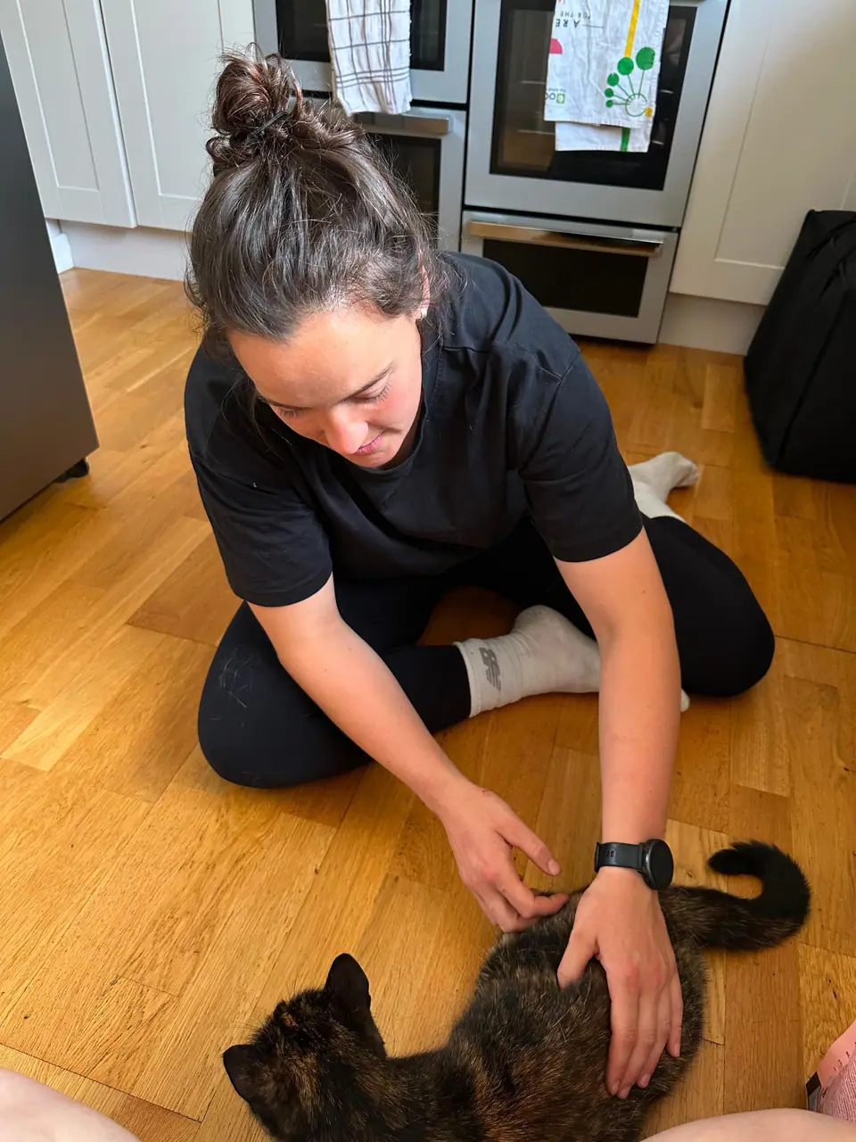 Kate treating Gizmo, a tortoiseshell cat, at home