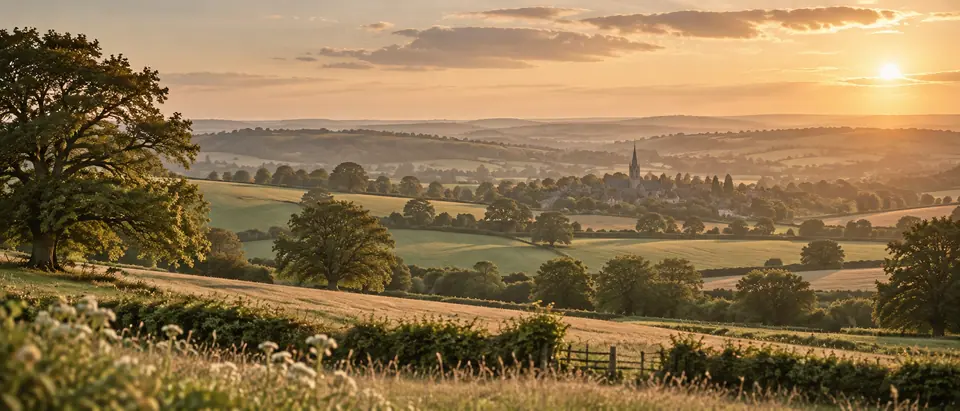 Rolling south Warwickshire countryside at golden hour