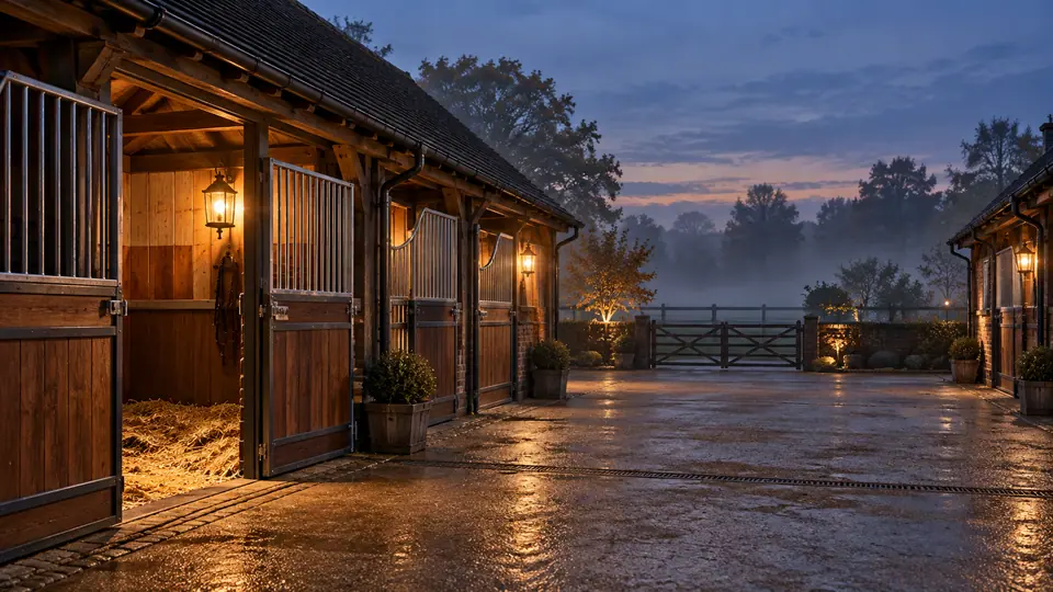 A traditional stable yard at dusk with warm light from an open stable door